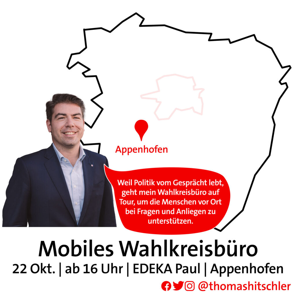 Thomas Hitschler in einer Bildmontage mit Landkarte des Wahlkreises zur Bewerbung des mobilen Wahlkreisbüros.